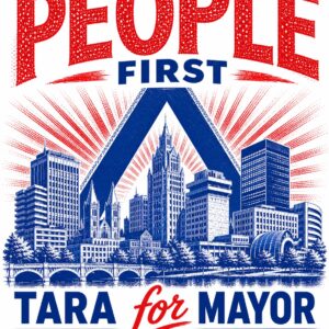 People First Tara for Mayor t-shirt, red and blue print on white
