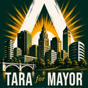 Tara for Mayor Akron skyline t-shirt, forest green