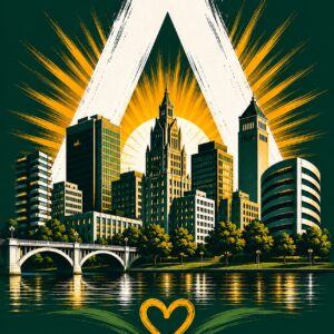 Akron skyline t-shirt with gold heart, forest green